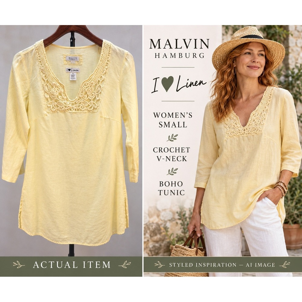 Malvin Hamburg Germany I Love Linen Yellow Crochet V-Neck Tunic Top Boho (S)